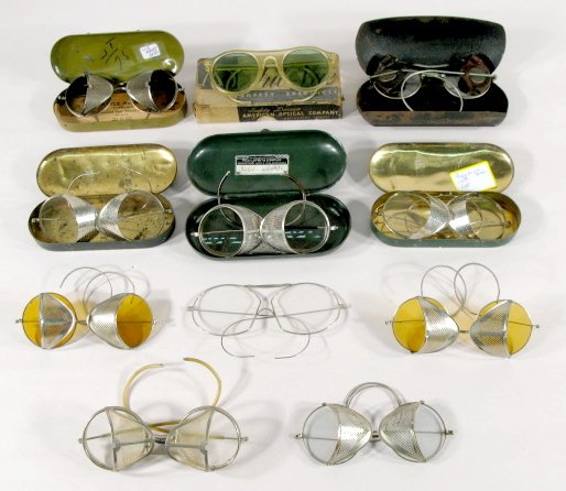 11 Pair of Vintage Safety Spectacles & Goggles: 11 Pair of Vintage Safety Spectacles & Goggles: 3 Wilson; Riggs Optical; Ful-Vue & Dockson; clear, amber & green glass; some with tin shields All items sell As Is, Where Is, no guarantees of any kind.
