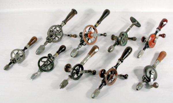 9 Hand Drills: Millers Falls & Goodell-Pratt: 9 Hand Drills: 1.) Inc. No.1, 10 14" long 2.) No.3 Star, 11" long, 3/16" bit 3.) No.105, 12 1/2" long with 1/4" bit 4.) No.2 Star, 14 1/2" long with 3/8" bit 5.) Goodell-Pratt No. 4 1/2 with rosewood 