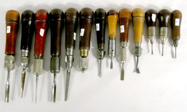 13 Tool Holders: Millers Falls & Others: 13 Tool Holders: Millers Falls, Bridgeport, Goodell-Pratt, I.S. Fray, Crane, L.L. Hall & Horace Britton; all have removable caps for storage; some are complete with up to 9 tools; many rosewood handle