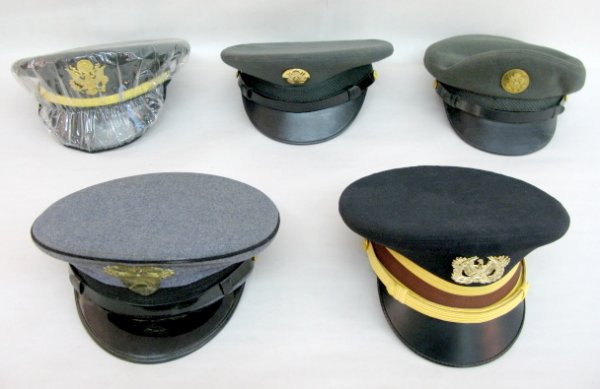 Group of 5 US Army Caps: Westpoint & Others: Group of 4 US Army Caps: 1.) Kingform 7 1/4, with rain cover. 2.) Gerber 7 1/2 3.) Gerber 7 1/8 4.) Westpoint USMA, ME Loewen H-1 5.) Bancroft Warrant Officer Medical Corps, dress hat 6 7/8 All items 