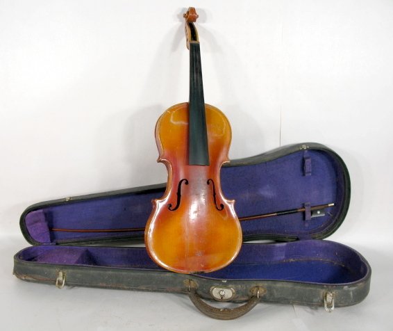 Copy of Jacobus Stainer Violin in Case; Germany: Copy of Jacobus Stainer Violin in Case; Germany: 1 bow, tag saying copy in the inside of the violin. (Some splitting and reglueing on the violin) All items sell As Is, Where Is, no guarantees of any k