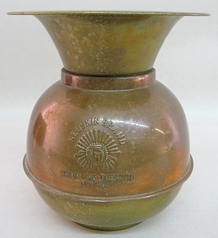 Redskin Chewing Tobacco Brass/Copper Spittoon: Redskin Brand Chewing Tobacco Brass/Copper Spittoon: Redskin Brand Chewing Tobacco Cut Plug. (Tarnished.) 10 1/2" x 9 1/2" All items sell As Is, Where Is, no guarantees of any kind. We accept Masterca