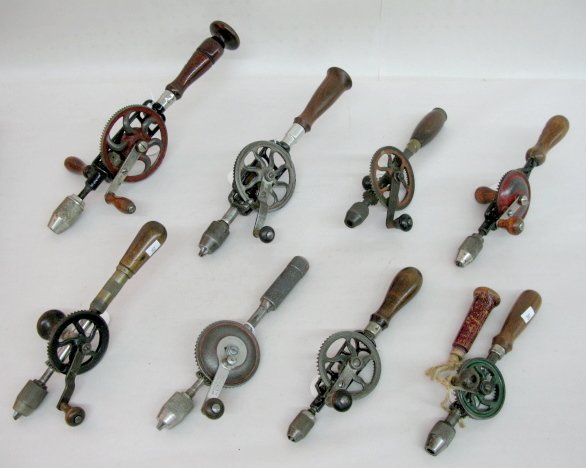 8 Vintage Hand Powered Drills: 8 Vintage Hand Powered Drills: 1.) Millers Falls No.77, 12" long 2.) Unmarked, 9 1/4" long (New walnut handle.) 3.) Millers Falls No.353 1913 ratchet 4.) Crane Mfg. Co., 10 1/2" long 5.) Goodell-Pratt