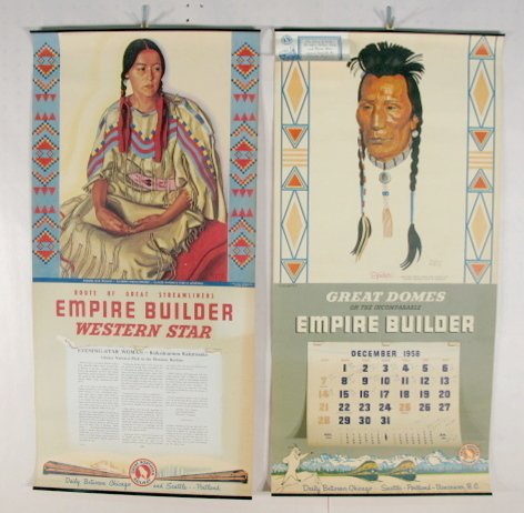 8 Great Northern Railway Calendars: 8 Great Northern Railway Calendars: Empire Builder Series by Winold Reiss. Depicting Native American Indians in Glacier National Park, Montana 1950-1958. (All calendar pages are missing but one, Dec. 
