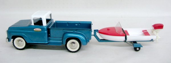 Tonka Toy Pickup/Trailer & Plastic Boat 1961: Tonka Metal Pickup/Trailer w/Plastic Boat- 1961: 1.) The blue steel trailer is unmarked, 10 1/2" l. Excellent condition with a bit of wear near the hitch. 2.) The red and white plastic boat is also un