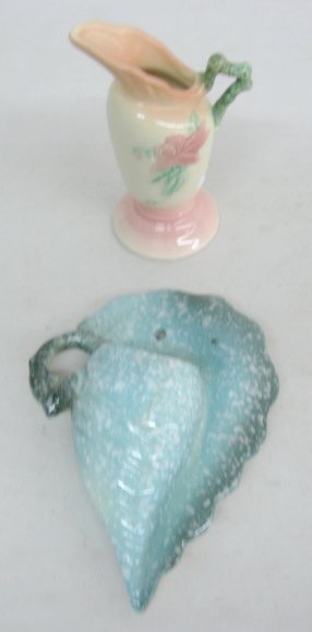 Hull Pottery Woodland Ewer & Wall Pocket: 2 Hull Pottery Items: 1.) Hull Woodland Ewer W3-5 1/2" USA, glossy pink base. 6" 2.) Hull Royal Woodland Wall Pocket W13-7 1/2" USA, blue. (Tiny chip on bottom tip.) All items sell As Is, Where Is, no
