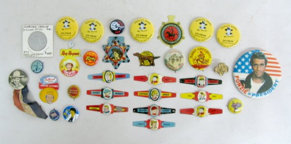 Group of Tin Comic Character Pins, Rings & Coin : Group of Tin Comic Character Pins, Rings & Coin: pins include 4 Hopalong Cassidy Dairy; 2 Gene Autry photo pins, 1 with ribbon; Roy Rogers photo pin, saddle pin, badge; Lone Rang-R pin; Cisco Kid Butt