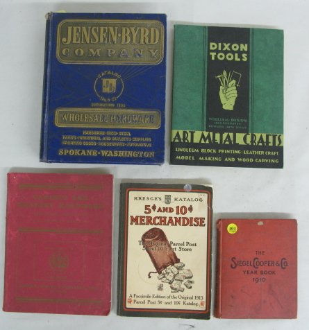 5 Vintage Wholesale Catalogs: 5 Vintage Wholesale Catalogs: 1.) Cabinet & Drapery hardware Catalog K Chicago, 1938 2.) Dix on Tools Art Metal Crafts, NY 1939 3.) Jensen-Byrd Hardware #51, 1951 4.) Reprint of Kresge's Katalog 1913/