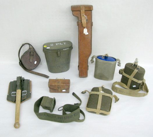 U. S. Military Canteens, Pouches & Others: U.S. Military Canteens, Pouches & More: 3 Cased Canteens; 2 leather pouches; 1964 5120 folding shovel; U.S. leather trench scope case and 2 PLT binoculars case MG3A1 (case only) All items sell As Is,