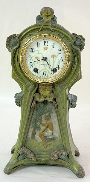 Seth Thomas Artful Art Nouveau Metal Clock: Seth Thomas Artful Art Nouveau Metal Clock: painted porcelain dial; time and strike; 52949 movement marked R Kaiser; great original color (Running condition not known. Dial cracked) 15" x 8" All items