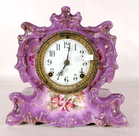 Ansonia Whisper China Mantle Clock: Ansonia Whisper China Mantle Clock: purple floral decoration with gold trim; porcelain dial; time and strike No condition problems 11" x 10 3/4" and running at this time All items sell As Is, Where Is