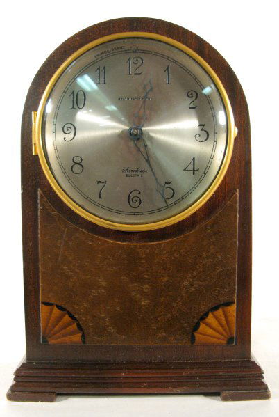 Herschede Electric Westminster Chime Clock: Herschede Electric Westminster Chime Clock: Model M18; electric mantle with inlaid decoration; "Herschede Hall Clock Co. Grand Prize" metal label on the back No condition problems. Running condition n