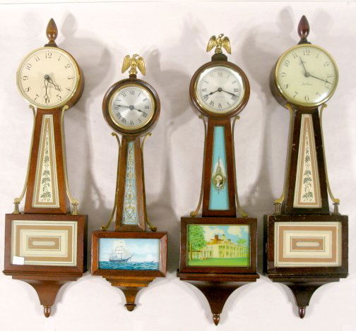 4 Seth Thomas Banjo Clocks: 4 Seth Thomas Banjo Clocks: 1.) Delaware windup with Washington portrait; 23" 2.) Ramsgate windup with ships tablet, 4 jewel; 20" 3.) 5205 Battery Operated; 23" 4.) 5713 Electric Homestead - E026; 23"