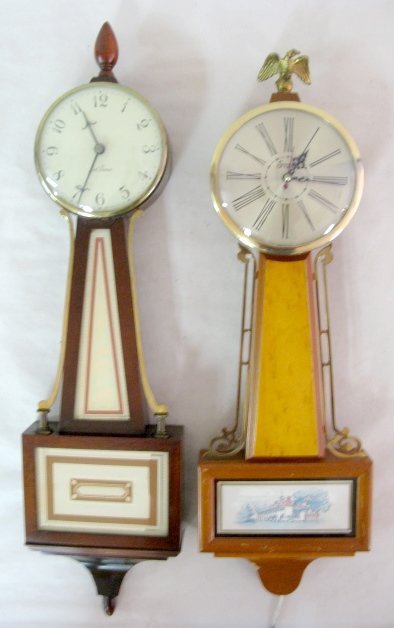2 Electric Banjo Wall Clocks: Sessions & S.T.: 2 Electric Banjo Wall Clocks: 1.) Seth Thomas Homestead E wood with glass tablets, 24" tall 2.) Sessions model 3T59M wood with metal trim and glass tablet, 22" Running at this time All items sell As I