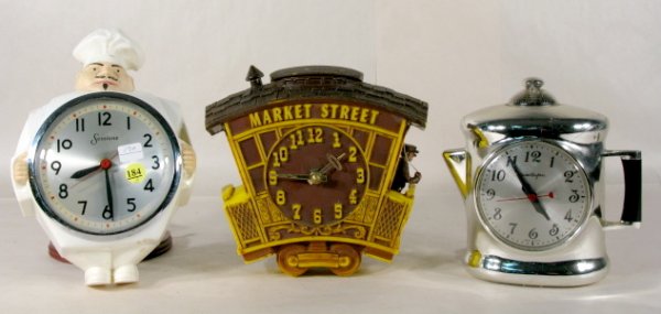 3 Mastercrafters Figural Wall Clocks: 3 Mastercrafters Figural Wall Clocks: 1.) Model 470 Perky (Plastic case cracked.) 8" tall and running at this time 2.) Market Street Model 182 trolley, 8" (Not running.) 3.) Sessions Model 4W chef, 10