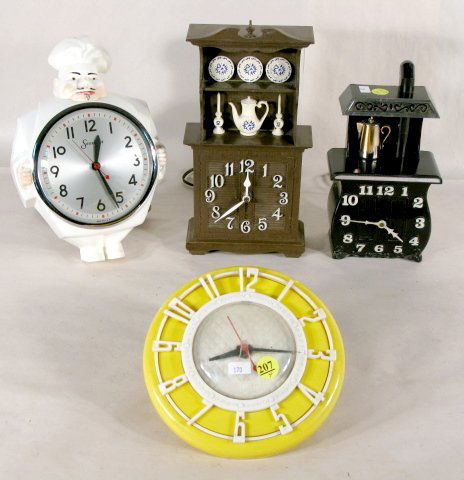 4 Plastic Elec. Wall Clocks: Sessions & Spartus: 4 Plastic Electric Wall Clocks: 1.) Sessions Model 487-T chef, 10" 2.) Spartus, 7" (Damaged) 3.) Spartus sideboard, 10" 4.) Spartus old stove, 9" (Chip on foot.) All items sell As Is, Where Is, no gua