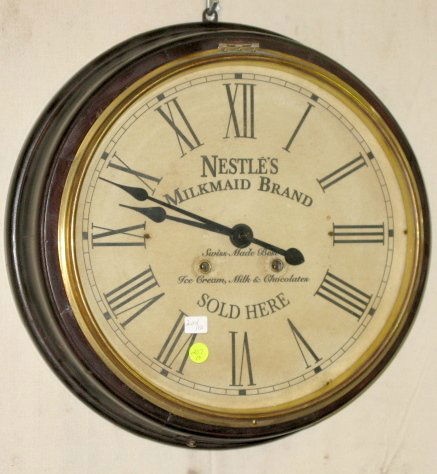 Seth Thomas Round Gallery Clock: Seth Thomas Round Gallery Clock: time and strike with a 13 1/2" new Nestles dial. The case is mahogany. 17" wide and running at this time All items sell As Is, Where Is, no guarantees of any kind. We