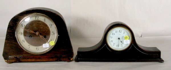 New Haven Tambour & Other Mantle Clock: New Haven Tambour & Other Mantle Clock: 1.) New Haven 8 Day Tambour, 6 1/2" and running at this time (Case marred) 2.) Unmarked Wood Mantle, 8 3/4" and running at this time (Chip to front of case; dia