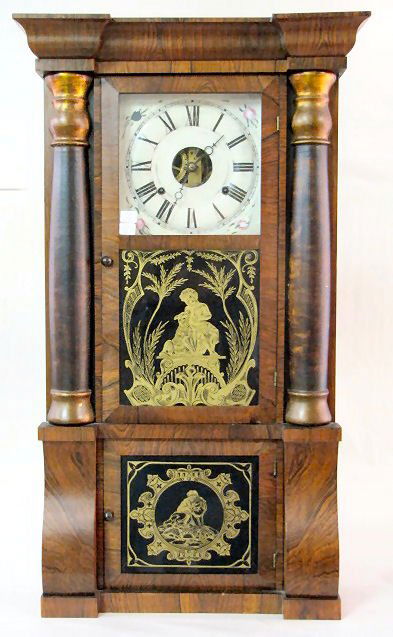 Seth Thomas Rosewood Column Clock: Seth Thomas Rosewood Column Clock: with an 8 day weight driven movement. Hourly gong striking. Great interior labels in a rosewood and veneer case with black half columns. (Not tested. The dial is ori