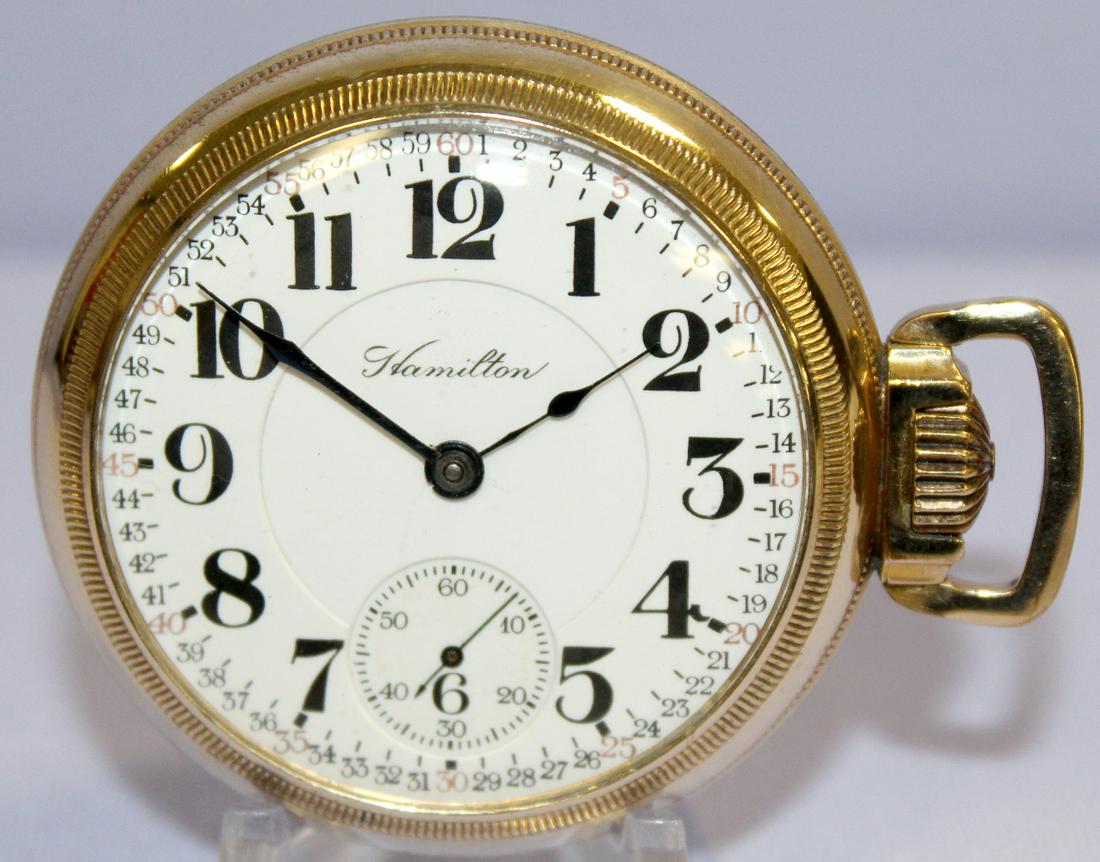 Hamilton 17J 18S OF GF Pocket Watch: Hamilton 17J 18S OF GF Pocket Watch: SW LS Full DMK No.625917, the Montgomery DSD looks good, in a yellow SF&B Derby Rolled Plate Sturdy No.4712255 case made in Canada, the machined case back has some