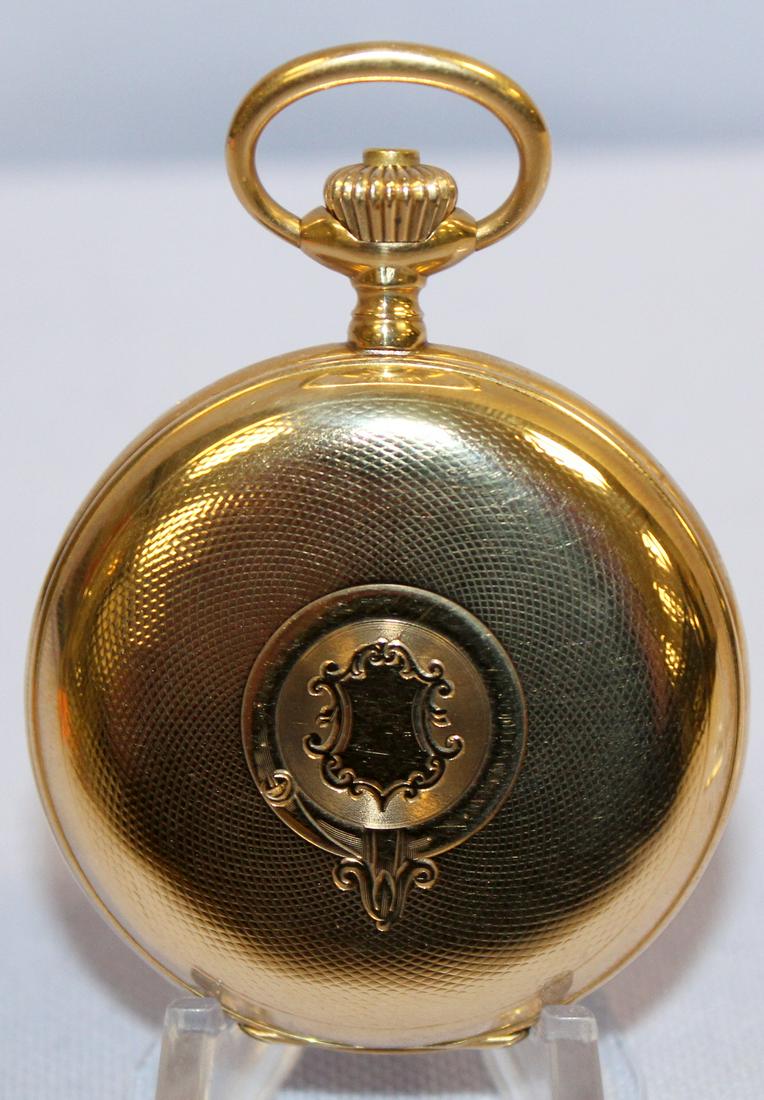 14K YG Paul Moser 42mm HC Pocket Watch: 14K YG Paul Moser 42mm HC Pocket Watch: 2 finger pressed jewels, No.158342, good SSD, yellow 14k HC with shallow dents on both machined covers. Running.