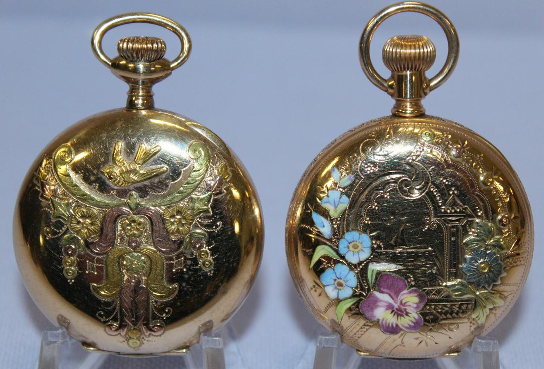 2 Columbia 6S GF HC Pocket Watches: 2 Columbia 6S GF HC Pocket Watches: both DMK NI 3/4 1) 6-18J No.267587 in a BII Warranted No.415741 HC, one cover has enameled flowers and sail ship opposite flowers, SSD has hairlines, running. 2) 15