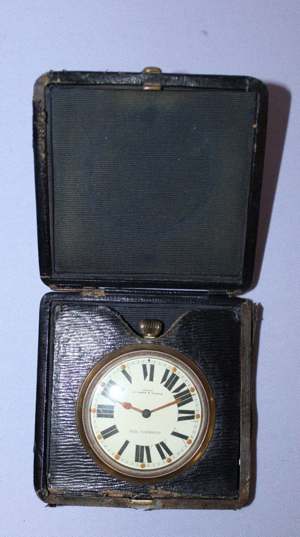 Nappin & Webb Ltd London Oversize Pocket Watch: Nappin & Webb Ltd London Oversize Pocket Watch: travel clock in leather travel case, it has No.31405 on the 52mm movement, the white base metal back snaps on, the luminous dial looks good, case has so