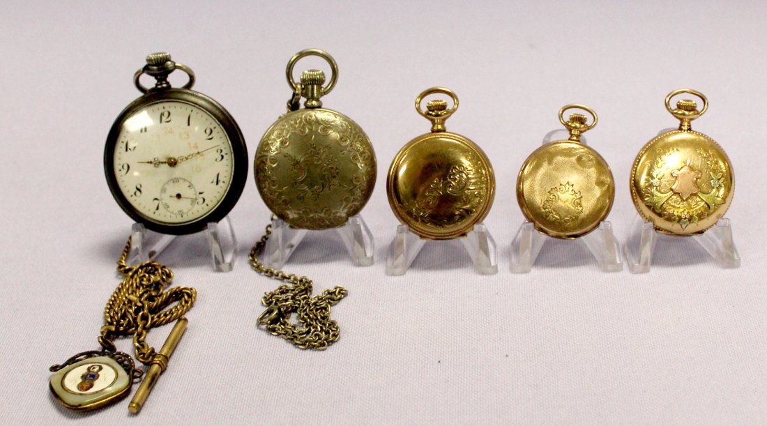 5 Pocket Watches: 5 Pocket Watches: 1) Seth Thomas 6S 7-11J HC LS DMK No.136823, in a Dueber silverine HC No.45826, dial hairlined, attached chain, not running. 2) South Bend 7-11J 0S GF HC DMK No.653477, with a good, 