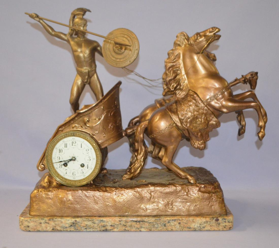 French Metal Chariot Clock w/ Horses & Gladiators (1 of 8)