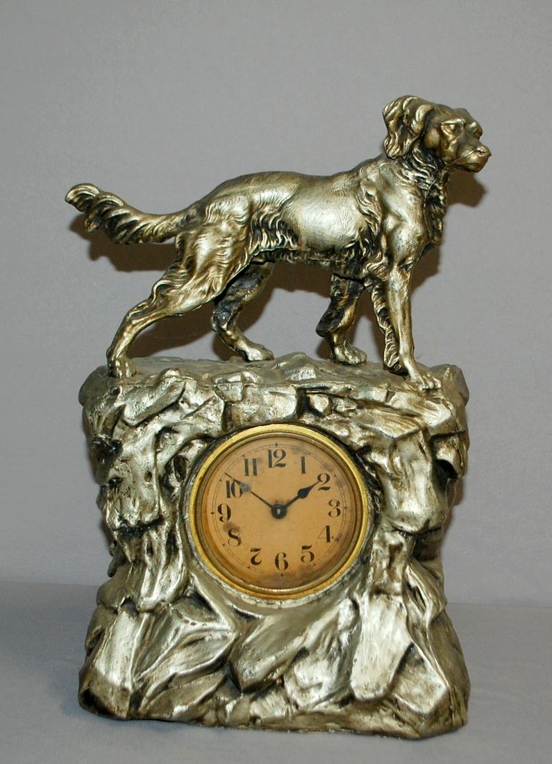 Antique Metal Clock w/ Dog Figure on Top (1 of 5)