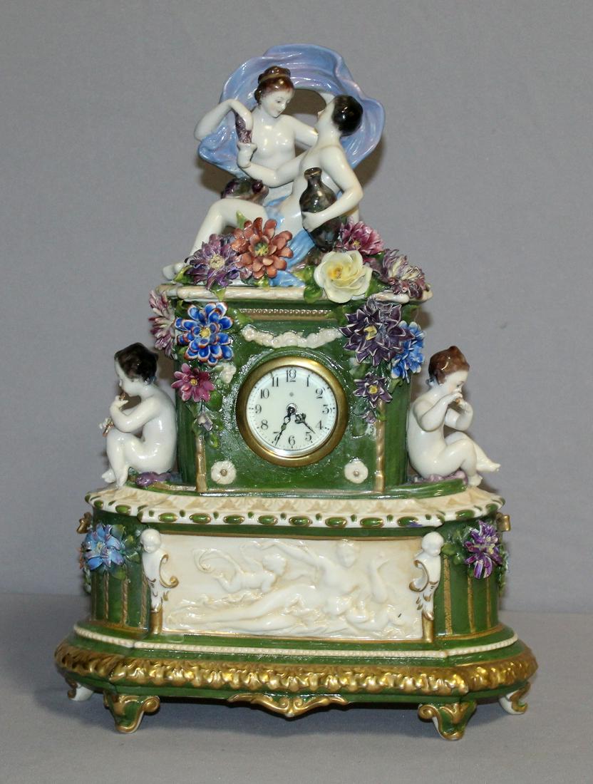 Ansonia Dresden Figural & Floral Porcelain Mantle Clock (1 of 7)