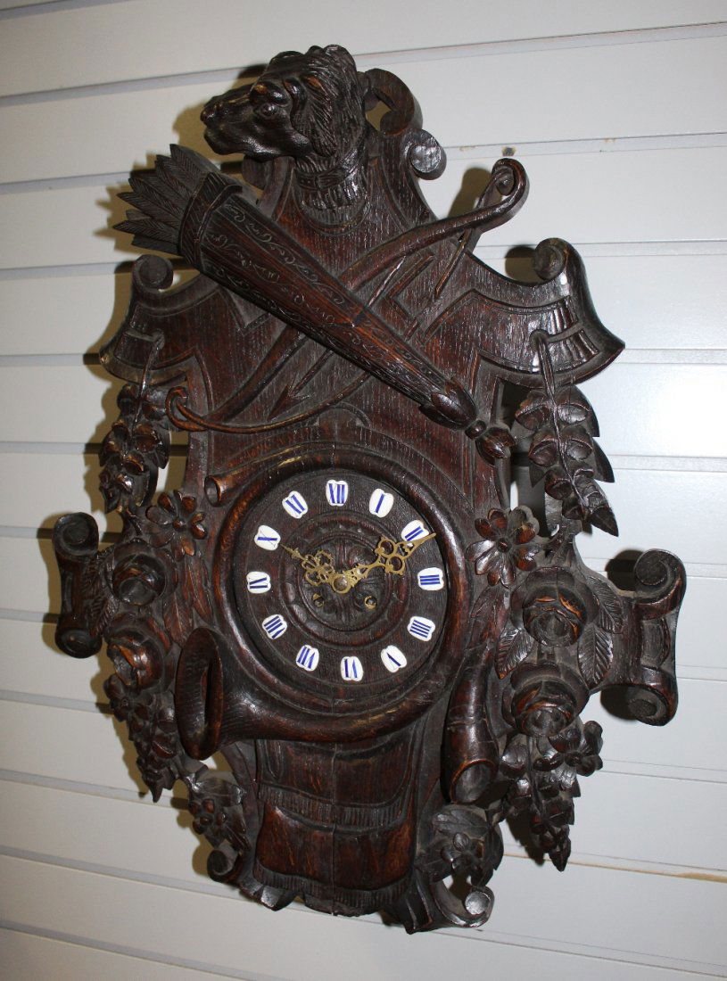 24" Tall Black Forest Heavily Carved Clock (1 of 6)
