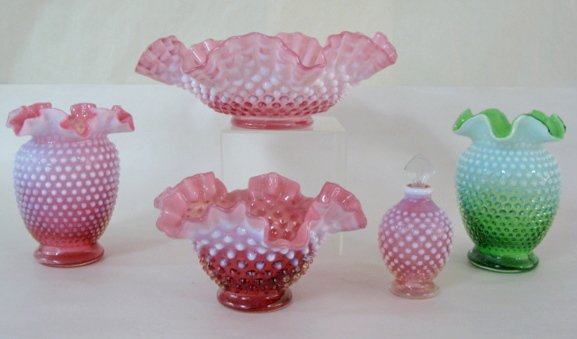 5pcs of Fenton Opalescent Hobnail Glass: 5pcs of Fenton Opalescent Hobnail Glass: 1.) Double crimp vase in green opalescent, 6". 2.) Double crimp vase in cranberry opalescent, 6". 3.) Double crimp cranberry opalescent bowl, 7" diameter. 4.)