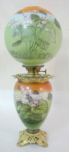 Begonia Painted Electric Gone With The Wind Lamp: Begonia Painted Electric Gone With The Wind Lamp: metal base marked N.B. & W with painted green and orange base decorated with blooming begonia type flowers and leaves; matching ball shade; no chimney