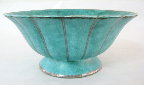 Wilhelm Kage Mermaid Decorated Bowl: Wilhelm Kage Mermaid Decorated Bowl: marked Gustavsberg, Anchor sign, 997; silver inlay on pottery. (Some silver wear.) 4 3/4" x 11" All items sell As Is, Where Is, no guarantees of any kind. We accep