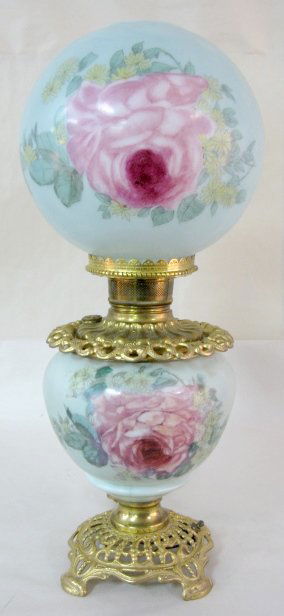 Rose Painted Electric Gone With The Wind Lamp: Rose Painted Electric Gone With The Wind Lamp: metal base marked with a non readable number; light aqua painted bowl decorated with rose and yellow daisies; unmarked burner; Made in U.S. of America fl