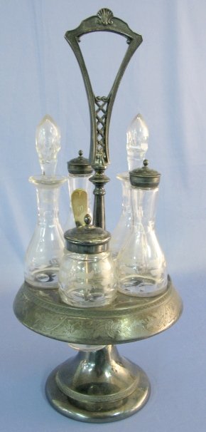 Reed & Barton 5 Bottle Condiment Set: Reed & Barton 5 Bottle Condiment Set: marked Mf'd and Plated by Reed & Barton 4382 Frame; 5 matching bottles with etched pattern and thumbprint bands. Salt, pepper, oil, vinegar & mustard. Monogrammed