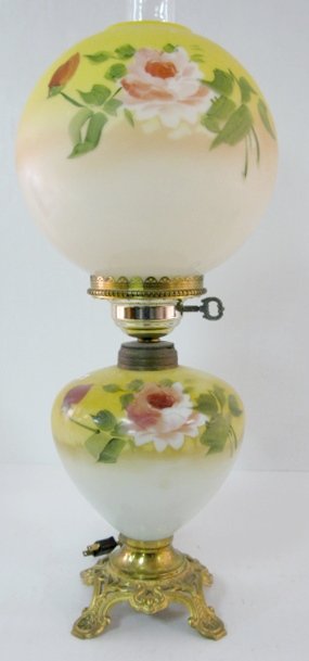 Electrified Floral Gone With The Wind Lamp: Electrified Floral Gone With The Wind Lamp: rose on yellow background, not marked, new burner with key type switch; has chimney. (Shade has been repainted, but nicely done.) 21 1/2" to top of shade Al