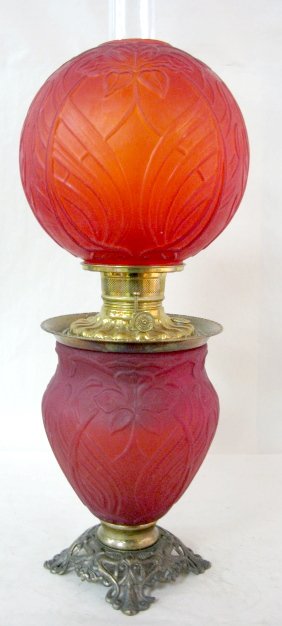 Red Satin Stylized Iris GWTW Lamp: Red Satin Stylized Iris GWTW Lamp; no markings No damages. 23" All items sell As Is, Where Is, no guarantees of any kind. We accept Mastercard & Visa, no paypal, no personal checks, no money orders, n