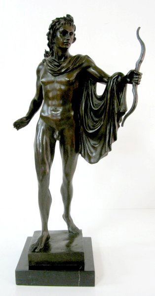 Contemporary Bronze of Warrior by Duchoiselle: Contemporary Bronze by Duchoiselle of a Warrior holding a bow in one hand; nude except for cape draped around neck and over arm; quiver of arrows on his back; on a marble base. 24" All items sell As I