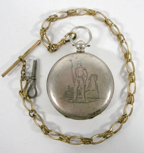 J.H. Winslow & Co. 18S HC KWKS Pocket Watch: J.H. Winslow & Co. 18S HC KWKS Pocket Watch: looks like coin silver hinge case no.7037. Engraved on one side with a Civil War soldier with bayonet mounted rifle. Posed by a rock and bush as if on guar