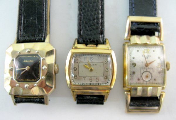 3 Gruen Wrist Watches: 3 Gruen Wrist Watches: 1.) 21J Veri-Thin Precision, yellow gold filled case; silver dial in tones; gold hands, numbers and markers, with seconds dial. With swing lugs. It is running. (The dial has dar