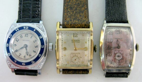3 Gruen Wrist Watches: Veri-Thin & Other: 3 Gruen Wrist Watches: 1.) Veri-Thin 17J, Model 425; serial no.C879940; unadjusted, in a base metal case back. Silver dial; gold hands, numbers and markers. Seconds dial at the 6 with Precision above