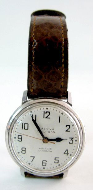 Bulova Accutron RR Approved Wrist Watch: Bulova Accutron RR Approved Wrist Watch: circa 1967; battery operated; serial no.E85410; steel case, not opened. Not tested. (The crystal and bezel are scuffed up.) All items sell As Is, Where Is, no