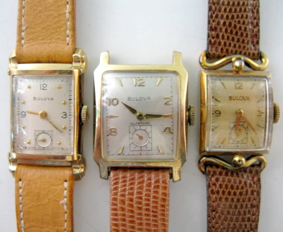 3 Bulova Wrist Watches: 21J & 17J: 3 Bulova Wrist Watches: 1.) 21J, 7AK; in a 10K RGP Bulova case, numbered 8077085. Ivory colored dial, with black numbers 12, 3 & 9; gold colored dots for other numbers; seconds dial at the 6. (Not run