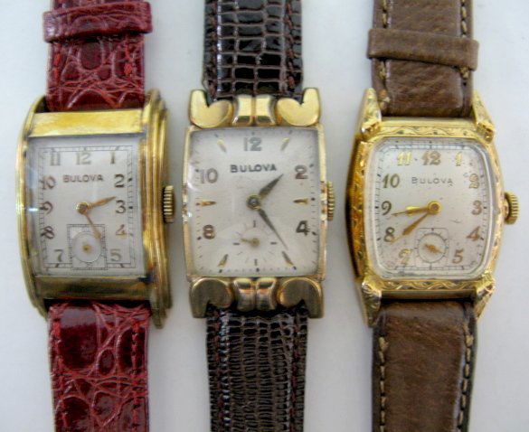 3 Bulova 17J Wrist Watches: 3 Bulova 17J Wrist Watches: 1.) 17J, 10BM; in a Bulova stainless steel case with 10K RGP bezel, numbered 2598483. Gold colored dial with gold numbers; seconds dial at 6. (Not running; dial corroded so