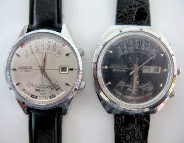 Orient & Wittnauer Multi Year Calendar W. Watches: Orient & Wittnauer Multi Year Calendar Wrist Watches: 1.) Orient 17J; day; date; set year by button. In a stainless steel case, numbered 0178508N; silver dial; years go 1960 to 1981. Running at this t