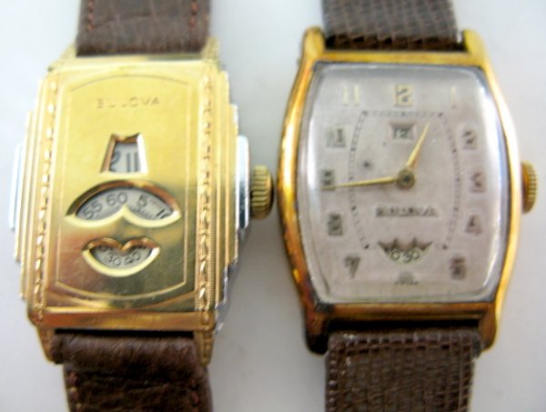 2 Bulova Wrist Watches: 15J & 17J: 2 Bulova Wrist Watches: 1.) Marked on works Bulova; 15J; 10AC; serial no.576334; crystal cover on back. In a Bulova Quality Patent Jan.11, 1927 case, numbered 213152. Ivory colored dial with golden nu