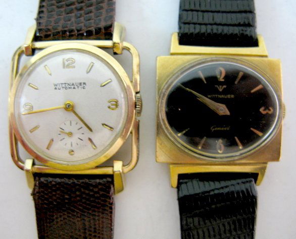 2 Wittnauer 17J Wrist Watches: 2 Wittnauer 17J Wrist Watches: 1.) Wittnauer Geneva on dial; works marked Wittnauer Watch Co. Inc. 17J; Swiss; unadjusted. Black dial with gold numbers and indicators. In a Star W.C. Co. stainless bac