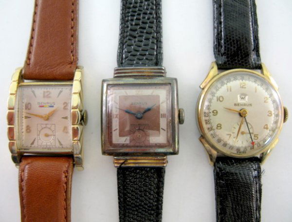 3 Benrus 17J Wrist Watches: 3 Benrus 17J Wrist Watches: 1.) Model CE-13; 17J; serial no. 859047 on case's back; stainless and gold filled case; gold dial and features with day and date. Running at this time. 2.) Model AR-15; 17J